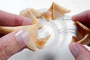 Fortune cookies in hands with advices, motivation mottos and blank space for copy. photo