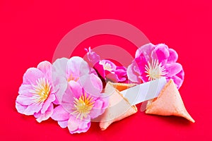 Fortune cookies with plum blossom flowers on red background