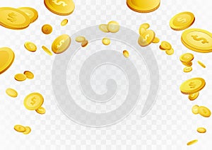 Fortune golden dollar coins flying reward background. Casino cash prize money rain jackpot. Isolated realistic 3D currency over w