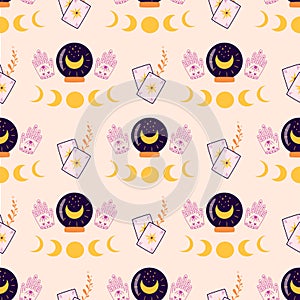 Fortune pattern. Magic crystal ball in hands, moon, cards pattern. Crystal ball future hand drawn seamless background