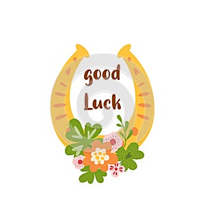 Fortune symbol Good luck horseshoe amulet, clover leaf, flower, decorative lucky element isolated