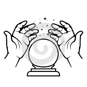 Fortune-teller glass ball and hands of soothsayer,  prediction magic sphere of warlock