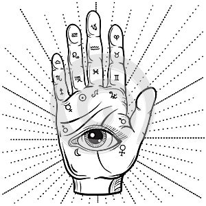 Fortune Teller Hand with Palmistry diagram, handdrawn all seeing