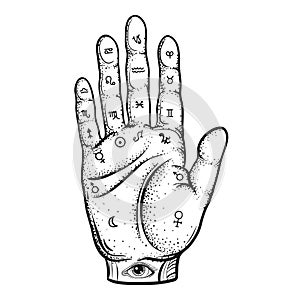 Fortune Teller Hand with Palmistry diagram, sketch with handdrawn all seeing eye. Vector vintage illustration for tattoo template