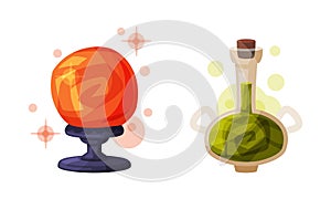 Fortune teller red crystal ball and bottle of green magic potion, witchcraft attributes cartoon vector illustration