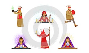 Fortune Teller and Shaman Characters Set, People Performing Religious Ceremonies and Divining with Magic Objects Cartoon