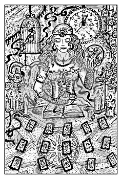 Fortune Teller with tarot cards, hand drawn illustration photo