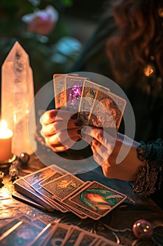 fortune teller tells fortunes using tarot cards. Selective focus.