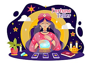 Fortune Teller Vector Illustration with Crystal Ball, Magic Book or Tarot for Predicts Fate and Telling the Future Concept