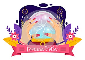 Fortune Teller Vector Illustration with Crystal Ball, Magic Book or Tarot for Predicts Fate and Telling the Future Concept