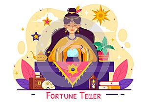 Fortune Teller Vector Illustration with Crystal Ball, Magic Book or Tarot for Predicts Fate and Telling the Future Concept