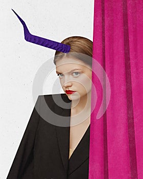 Fortune teller woman concept. Gypsy oracle. Divination. Contemporary surreal art collage, design. Young woman with horn photo