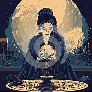 A fortune-teller woman fortune-telling, putting her hands on her crystal ball, vector illustration
