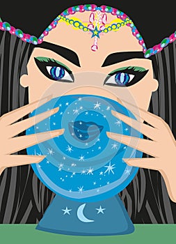 Fortune teller woman reading future on magical crystal ball