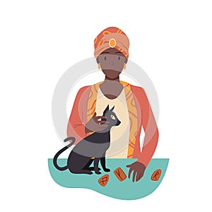 Fortune tellers prediction, clairvoyant sitting with black cat and runes to predict fate