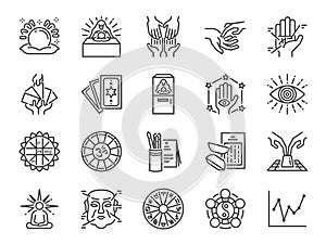 Fortune telling line icon set. Included icons as fortunes, tarot, palmistry, Chi-Chi Sticks, horoscope and more.