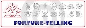 Fortune telling line icon set. Included icons as fortunes, tarot, palmistry, Chi-Chi Sticks, horoscope and more