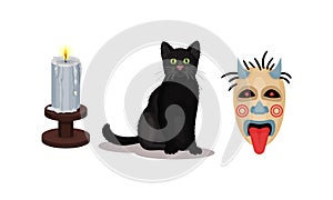 Fortune Telling Objects with Black Cat and Candle Vector Set