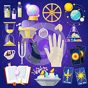 Fortune telling vector fortune-telling or fortunate magic of magician with cards and candles illustration set of