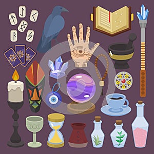 Fortune telling vector fortune-telling or fortunate magic of magician with tarot cards and candles illustration set of