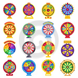 Fortune wheel. Betting wheels, lucky spin bankrupt or winner and bet roulette flat vector set