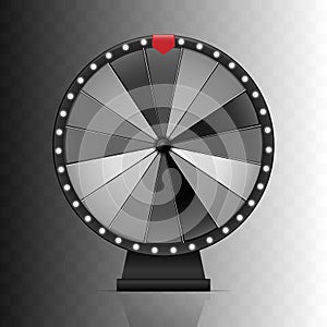 Fortune wheel. Black and white lucky spin with red arrow. Isolated design element.