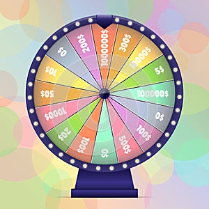 Fortune wheel on bokeh background. Lucky spin in pastel colors.