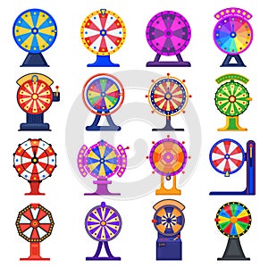 Fortune wheel. Casino game jackpot lucky wheels, spinning striped roulette isolated vector illustration set. Rotating