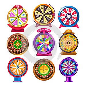 Fortune wheel and casino roulette isolated round gambling items