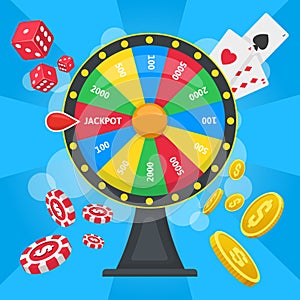 Fortune wheel concept. Casino lucky wheel game, gambling fortune wheel with dice, cards, and chips vector background