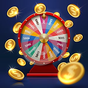 Fortune wheel and gold coins. Lucky chance in game vector background