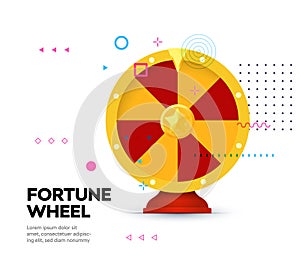 Fortune wheel icon on memphis style background. Gambling website banner. Random winner casino slot machine poster