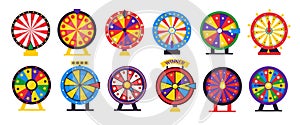 Fortune wheel. Spin casino game. Lottery lucky winner gaming turn with colored circles and arrows. Betting or roulette playing.