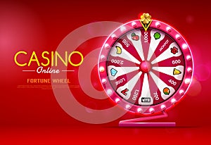 Fortune wheel spinning casino online on bokeh background