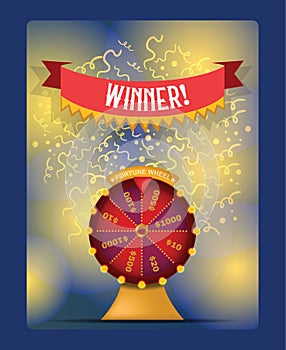 Fortune wheel vector spin game casino roulette with arrow congratulation for lucky winner backdrop fortunate wheeled