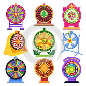 Fortune wheel vector spin game icons roulette lucky fortunate wheeled lottery casino set illustration isolated on white