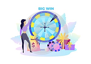 Fortune wheel. Woman with presents and money. Big win in lottery concept. Rotating circle for raffling prizes. Casino or photo