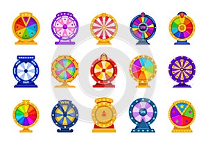 Fortune wheels. Casino equipment for raffling money prizes. Spinning circles divided into sections with arrow and photo