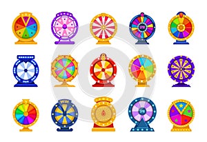 Fortune wheels. Casino equipment for raffling money prizes. Spinning circles divided into sections with arrow and flashing lights photo