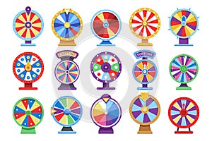 Fortune wheels flat icons set. Spin lucky wheel casino money game symbols