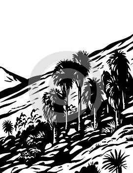 Fortynine Palms Oasis Trail in Joshua Tree National Park California USA WPA Woodcut Black and White Art