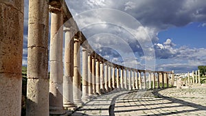 Forum (Oval Plaza) in Gerasa (Jerash), Jordan. Against the clouds