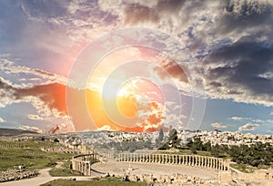 Forum (Oval Plaza) in Gerasa (Jerash), Jordan. Against the sky