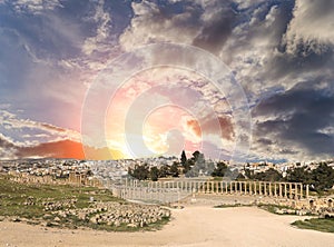 Forum (Oval Plaza) in Gerasa (Jerash), Jordan. Against the sky