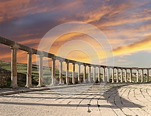 Forum (Oval Plaza) in Gerasa (Jerash), Jordan. Against the sky