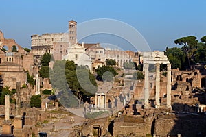 Forum Romanum and colosseum at sunset, Rome, Italy photo