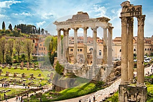 Forum romanum in Rome, Italy. Temple of Saturn and Temple of Castor and Pollux, ancient ruins of the Roman Forum. Travel and