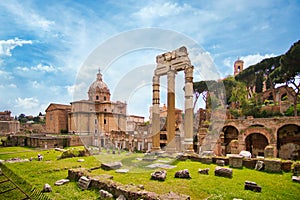 forum romanum in Rome, Italy. Temple of Saturn and Temple of Castor and Pollux, ancient ruins of the Roman Forum. Travel