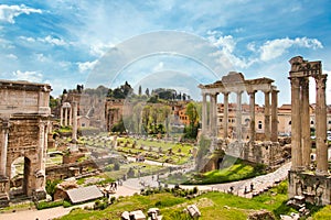 forum romanum in Rome, Italy. Temple of Saturn and Temple of Castor and Pollux, ancient ruins of the Roman Forum. Travel