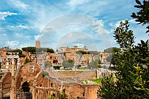 Forum romanum in Rome, Italy. View to Trajan`s Forum and Market of Trajan Imperial fora in ancient Rome. Travel and vacation in